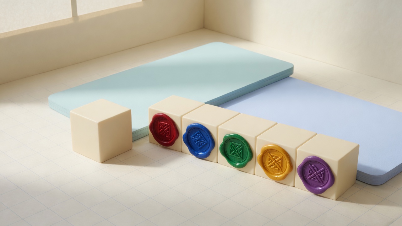 A blank cube standing apart from cubes that each carry a colored seal.