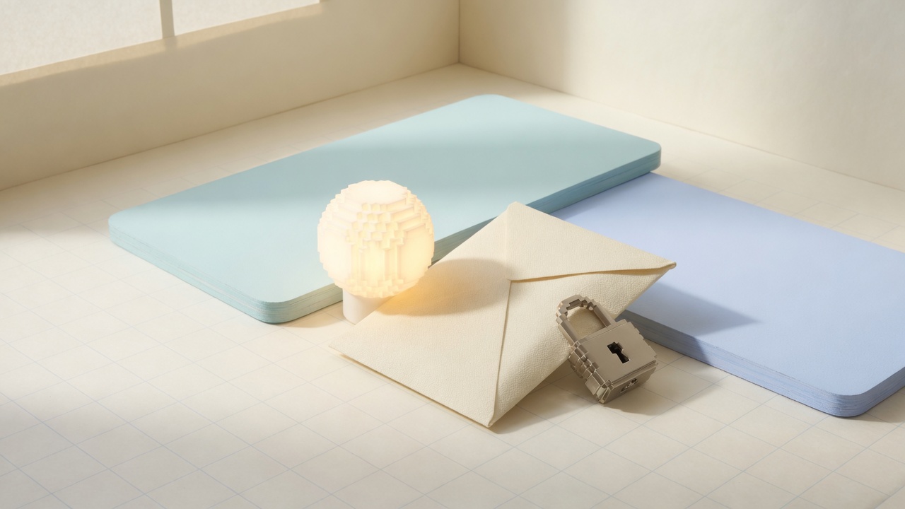 A sealed envelope being read by a lamp, with a lock on the write side.