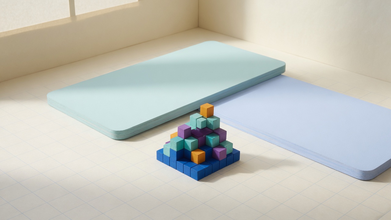 Overlapping pastel slabs and a pixel-cube chart in a cream studio.