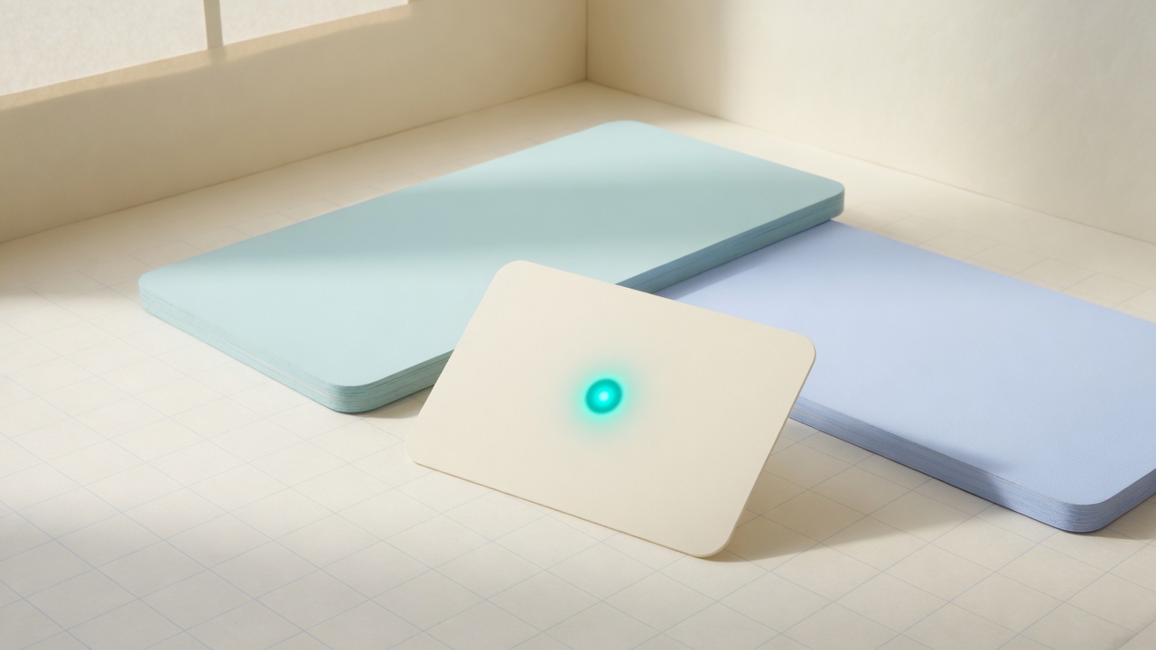 A cream card with a glowing teal ping confirming a visit.