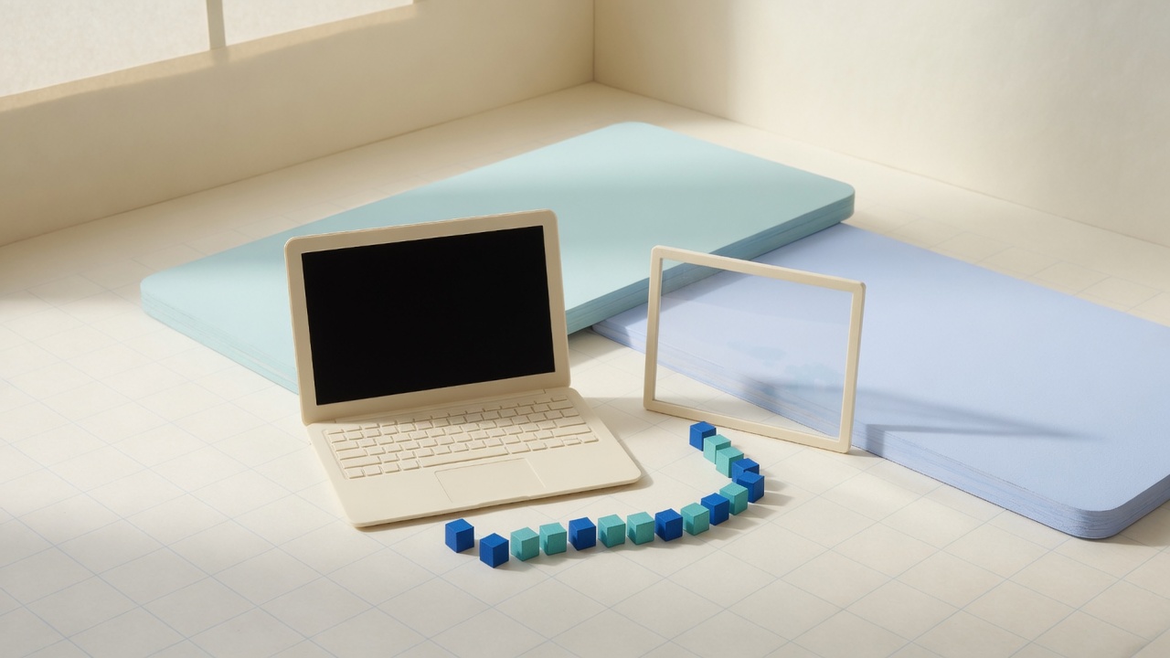 A laptop and a browser frame joined by a thread of pixel cubes.