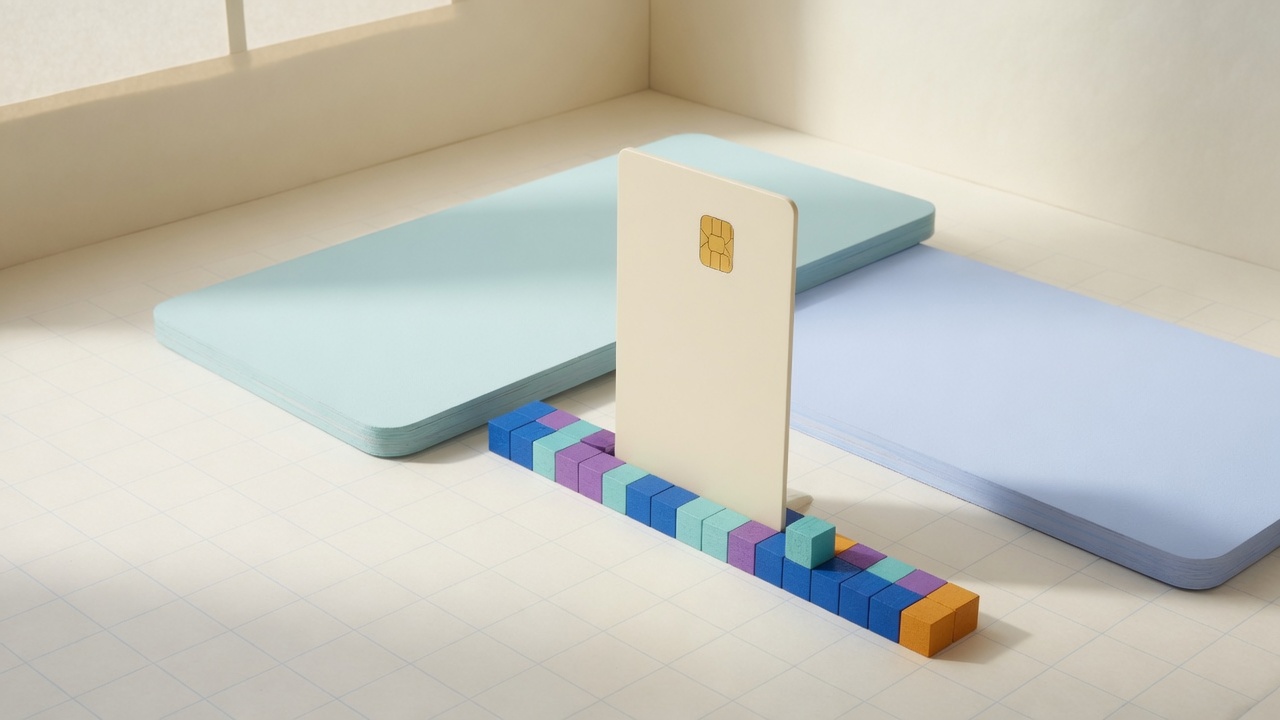 A payment card standing on a visitor path of pixel cubes.